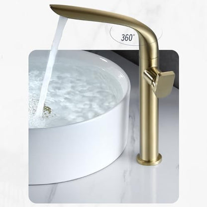 High-Arc 360° Rotating Bathroom Faucet, Single Handle Mixer Tap, Hot & Cold Water, Brushed Gold Finish, One Hole Sink Basin Mixer, Kitchen & Bath Use