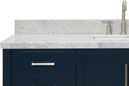 Olivia 60-Inch Midnight Blue Bathroom Vanity with Rectangular Sink, 1.5" Italian Carrara Marble Countertop & Backsplash, 2 Soft-Closing Doors, 6 Dovetail Drawers, Brushed Nickel