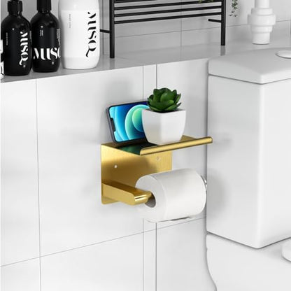 GLNLQ Brushed Gold Toilet Paper Holder Wall Mount, Adhesive or Screw-in