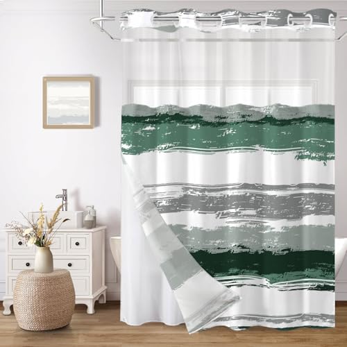 No Hook Shower Curtain with Liner, Dark Green Stripe, 71x74 Inch