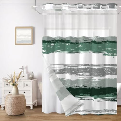 No Hook Shower Curtain with Liner, Dark Green Stripe, 71x74 Inch