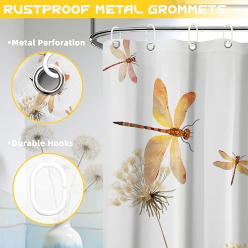 Yellow Dandelion Shower Curtain Spring Dragonfly Tan White Watercolor Shower Curtains for Bathroom Decor, Waterproof Cloth Fabric with Hooks 70" Wx72 L