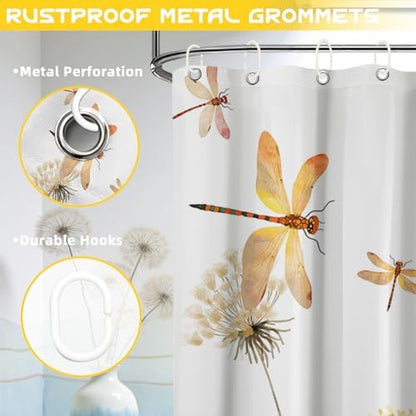 Yellow Dandelion Shower Curtain Spring Dragonfly Tan White Watercolor Shower Curtains for Bathroom Decor, Waterproof Cloth Fabric with Hooks 70" Wx72 L