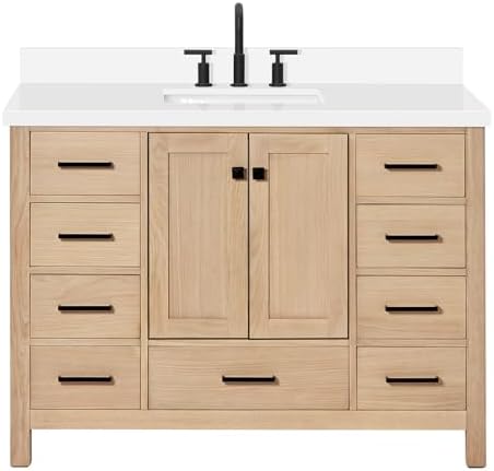 ARIEL Cambridge 48-inch Bathroom Vanity with Sink,Solid Wood, 1.5-inch Pure White Quartz Countertop, Single Rectangular Porcelain Sink, 2 Soft Closing Doors, 9 Dovetail Drawers, White Oak