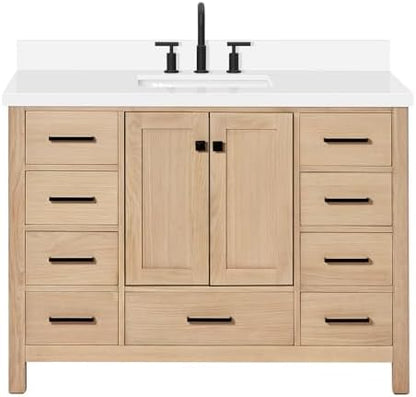 ARIEL Cambridge 48-inch Bathroom Vanity with Sink,Solid Wood, 1.5-inch Pure White Quartz Countertop, Single Rectangular Porcelain Sink, 2 Soft Closing Doors, 9 Dovetail Drawers, White Oak