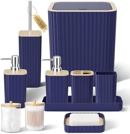 XLHOMO Bathroom Accessories Set - Elegant Blue Bathroom Set, 10PC Bathroom Accessory Set, Toilet Brush, Trash Can, Qtip Holder Dispenser & Soap Dispenser