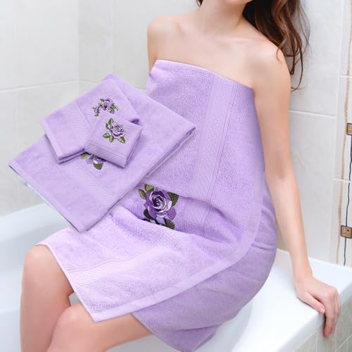 3 Pcs Rustic Purple Roses Bathroom Towel Set Farmhouse Embroidered Purple Roses Towels Vintage Decorative 100% Cotton Bath Towel Highly Absorbent Elegant Summer Decor Set for Bathroom