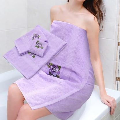 3 Pcs Rustic Purple Roses Bathroom Towel Set Farmhouse Embroidered Purple Roses Towels Vintage Decorative 100% Cotton Bath Towel Highly Absorbent Elegant Summer Decor Set for Bathroom
