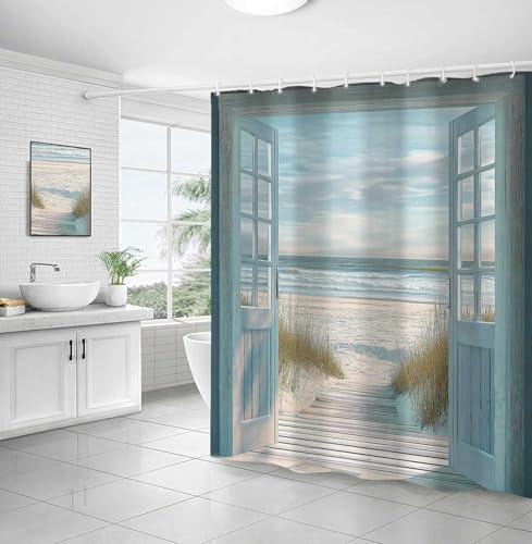 Blue Beach Barn Door Shower Curtain, Rustic Country Ocean Coastal Seaside Scenery Decor Bath Curtains, Retro Teal Wood Waterproof Bathroom Accessories Set, 60 x 70 inch with Hooks