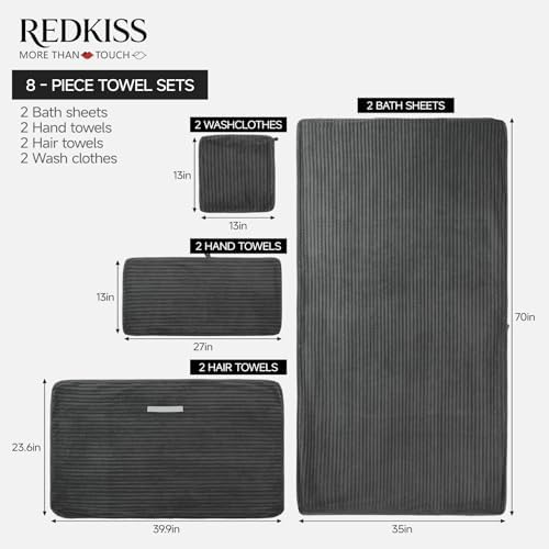 REDKISS Charcoal Gray Bath Towels Set 8 Piece - Microfiber Bathroom Towels of 8 Large, Highly Absorbent Bath Towel, Soft Shower Towel for Bathroom, 2 Bath Sheet 2 Hand 2 Washcloths 2 Hair Towel Wrap