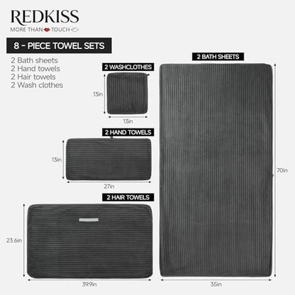 REDKISS Charcoal Gray Bath Towels Set 8 Piece - Microfiber Bathroom Towels of 8 Large, Highly Absorbent Bath Towel, Soft Shower Towel for Bathroom, 2 Bath Sheet 2 Hand 2 Washcloths 2 Hair Towel Wrap