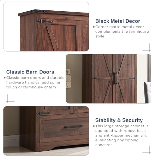 JXQTLINGMU Farmhouse Kitchen Pantry Cabinet - 72" Tall Wood Kitchen Storage Cabinets with Adjustable Shelves & 2 Barn Doors & Drawer, Versatile Storage for Dining Room, Bathroom, Rustic Brown
