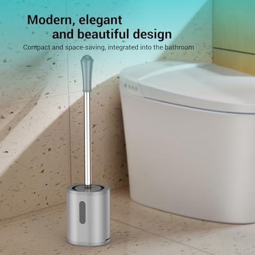 Toilet Brush and Holder Set, with Stainless Steel Handle Toilet Bowl Brush, Compact Toilet Scrubber Brush for Deep Cleaning Bathroom Restroom, Easy to Assemble-Grey