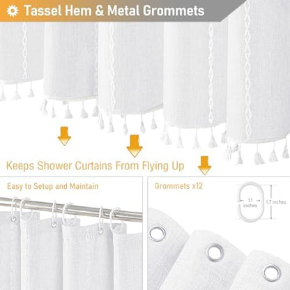 BTTN 72x96 Extra Long Boho Linen Heavy Duty Cloth Shower Curtain Set, White