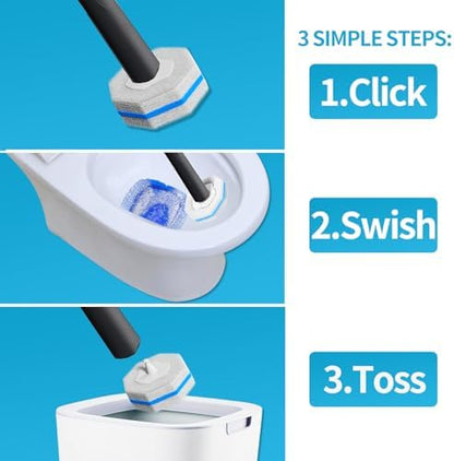 Disposable Toilet Brush with 50 Cleaner Refills Pads，Wall Mounted Toilet Bowl Holder Set，Toilet Cleaning System Starter Kit，Bathroom Cleaning System for Sink Bathtub Wash Basin