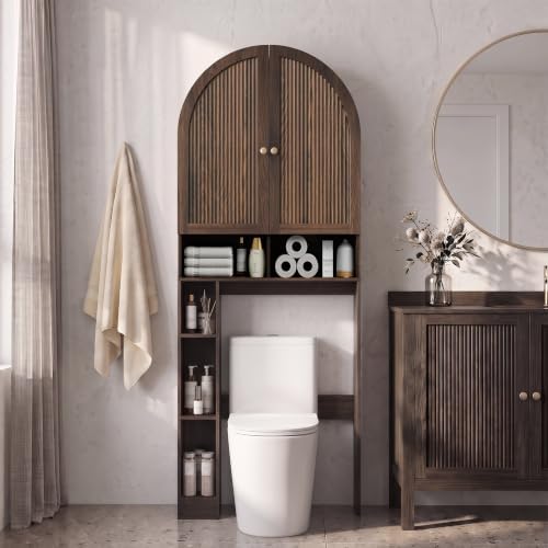 HMstone Over The Toilet Storage Cabinet, Arched Bathroom Organizer and Storage with Doors and Adjustable Shelf, Space-Saving Freestanding Bathroom Modern Storage Cabinet Over Toilet (Walnut)