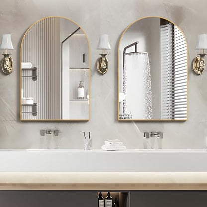 Wall Mounted Mirror, Arched Wall Mirror for Bathroom, 2 Pieces 24"x36" Arch Bathroom Mirror with Metal Frame, Gold Vanity Mirror Decor for Mantle, Bedroom, Entryway, Living Room