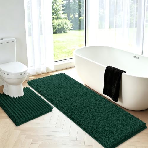 Upgrade Luxury 2 Piece Deep Green Toilet Bathroom Rug Mat U Shape 24"x20"+48"x20", Ultra Soft Thick Absorbent Bath Mats, Non Slip Chenille Toilet Mat for Bathroom, Bedroom, Kitchen, Shower, Tub