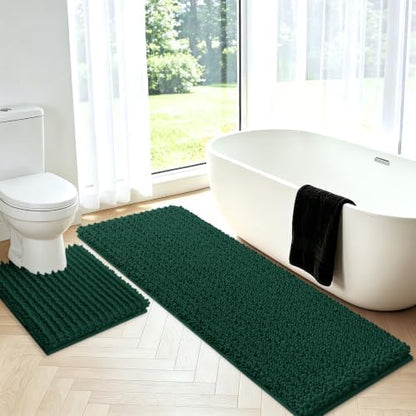 Upgrade Luxury 2 Piece Deep Green Toilet Bathroom Rug Mat U Shape 24"x20"+48"x20", Ultra Soft Thick Absorbent Bath Mats, Non Slip Chenille Toilet Mat for Bathroom, Bedroom, Kitchen, Shower, Tub