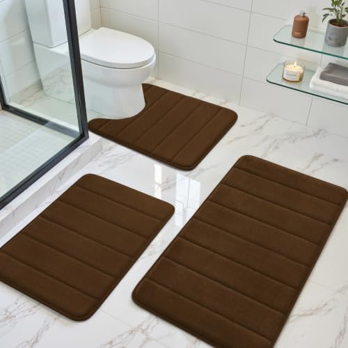 BYSURE Brown Memory Foam Bathroom Rug Set 3 Piece, Non Slip Extra Soft Absorbent Bath Mats, Machine Washable & Dry Toilet Mat Sets for Bathroom Floor
