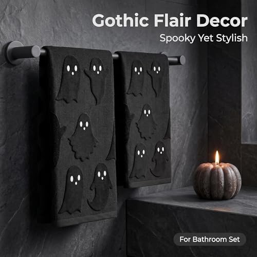 2 Pack Halloween Hand Towels 100% Cotton Jacquard Ghost Halloween Kitchen Towels White Bathroom Towels Set Seasonal Bathroom Decor (Black Ghost, Halloween)