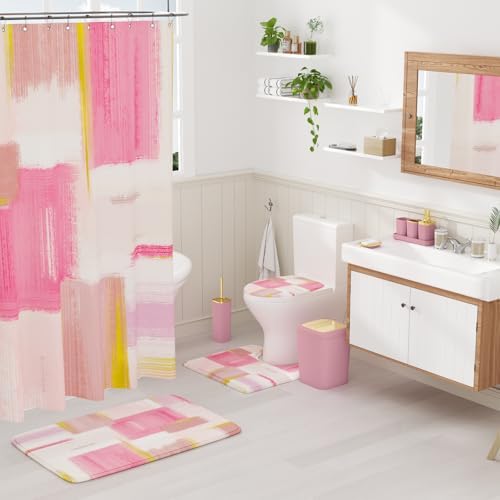 XLHOMO Bathroom Accessories Set - 25PC Bathroom Set with Shower Curtain and Rugs, Pink Bathroom Set, Bathroom Accessory Set with Press-on Lid Trash Can, Soap Dispenser and Qtip Holders