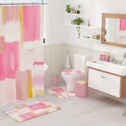 XLHOMO Bathroom Accessories Set - 25PC Bathroom Set with Shower Curtain and Rugs, Pink Bathroom Set, Bathroom Accessory Set with Press-on Lid Trash Can, Soap Dispenser and Qtip Holders