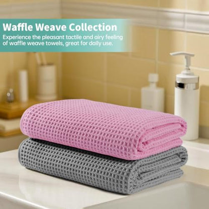 Microfiber Waffle Bath Towels, 4 Pieces, Soft, Absorbent, Fast Drying, Lint Free 430 GSM (27''x55''/68.58 cm x139.7 cm) (Gray+Pink)