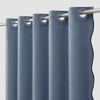 Furlinic Scalloped No Hook Linen Shower Curtain Navy Blue Boho Stall 48x75