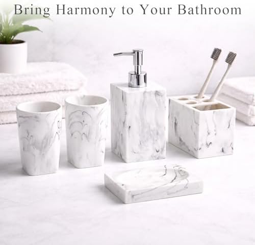 5 Piece Bathroom Accessories Set, Marble Resin Bathroom Vanity Set, Soap Dispenser, Toothbrush Holder, Soap Dish & 2 Tumblers, Bathroom Countertop Organizer Set (Ink White)