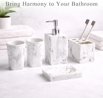 5 Piece Bathroom Accessories Set, Marble Resin Bathroom Vanity Set, Soap Dispenser, Toothbrush Holder, Soap Dish & 2 Tumblers, Bathroom Countertop Organizer Set (Ink White)
