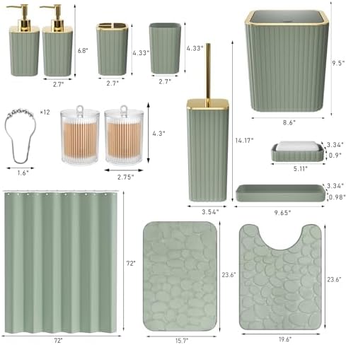 XLHOMO Bathroom Accessories Set - 25PC Sage Green Bathroom Set, Bathroom Set with Shower Curtain and Rugs, Sage Green Shower Curtain Set, Bathroom Accessory Set, Trash Can & Soap Dispenser