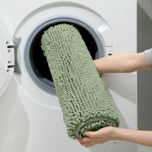 HOMEIDEAS Sage Green Chenille Bathroom Rugs Set of 3, Non Slip Bath Mat