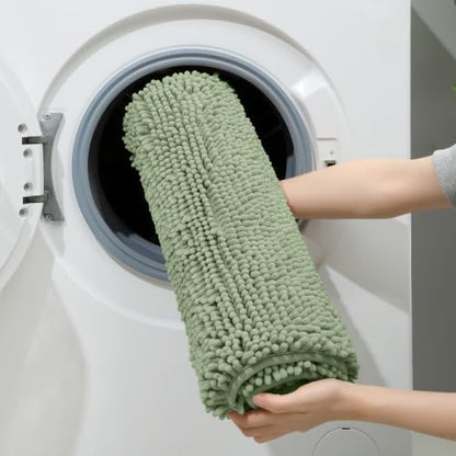 HOMEIDEAS Sage Green Chenille Bathroom Rugs Set of 3, Non Slip Bath Mat