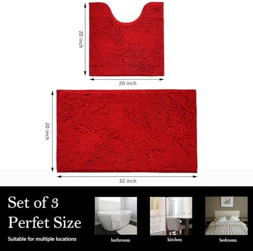 Bathroom Rugs Chenille Bath mat 2 Piece Set, Super Absorbent, Strong PVC Non Slip Backing, Bath mats for Bathroom, Plush Shaggy, Thick, Machine Washable, Bathtub, Toilet.(Red)