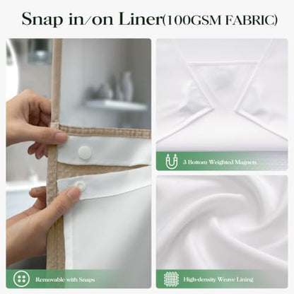 Dynamene Beige Hook Free Waffle Shower Curtain & Snap-in Fabric Liner,72x87