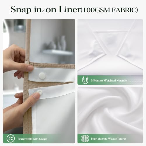 Dynamene Beige Hook Free Waffle Shower Curtain & Snap-in Fabric Liner,72x83