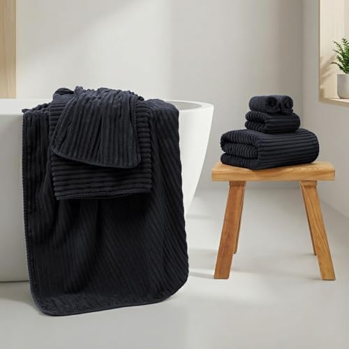 REDKISS Black Bath Towels Set 8 Piece - Microfiber Bathroom Towels of 8 Large, Highly Absorbent Bath Towel, Soft Shower Towel for Bathroom, Hotel 2 Bath Sheet 2 Hand 2 Washcloths 2 Hair Towel Wrap
