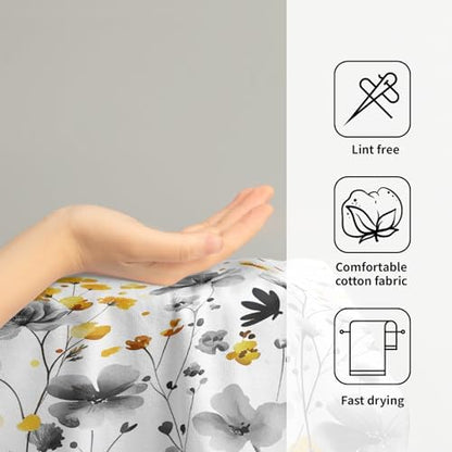 Spring Floral Hand Towels 14x28 Inch Set of 2 Watercolor Grey Yellow Wildflowers Absorbent Soft Dish Washing Cloth Tea Towels for Home Kitchen Bathroom Gym Hotel Spa Decor