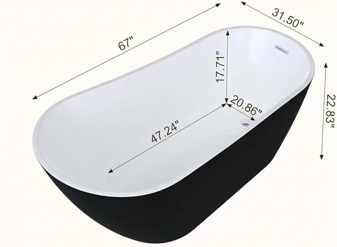 Garvee 67" Deep Soaking Bathtub, Non-Slip Acrylic Tub with Chrome Drain, cUPC Certified, Ergonomic Modern Bath for Bathrooms, Easy-Install, Black Upturned