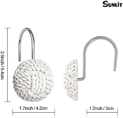 Sunlit Boho Knots Shower Curtain Hooks, Home Decorative White Shower Curtain Rings for Bathroom, Seaside Nautical Shower Curtain Hangers Bathroom Accessories, Set of 12
