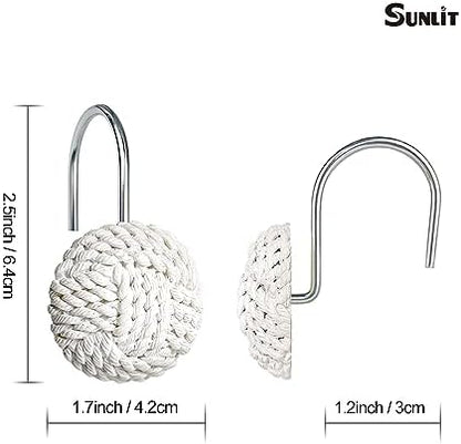 Sunlit Boho Knots Shower Curtain Hooks, Home Decorative White Shower Curtain Rings for Bathroom, Seaside Nautical Shower Curtain Hangers Bathroom Accessories, Set of 12