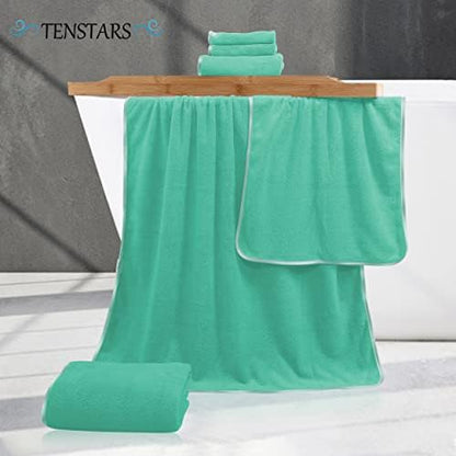 TENSTARS Luxury Silk Hemming Towel Set - Light Thin Quick Drying - 2 Bath Towels 2 Hand Towels 2 Washcloths - Ultra Soft Microfiber Towel for Bath Fitness, Sports, Yoga, Travel (Aqua Green, 6 Pieces)