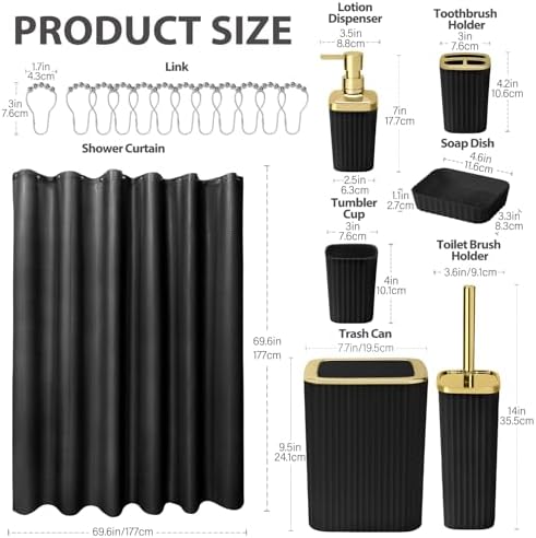 Bathroom Accessory Set, Shower Curtain Set, Toilet Brush, Trash Can & Soap Dispenser (Black Gold, Plastic)