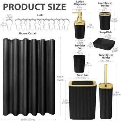 Bathroom Accessory Set, Shower Curtain Set, Toilet Brush, Trash Can & Soap Dispenser (Black Gold, Plastic)