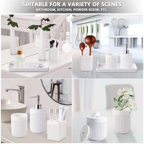 XLHOMO Resin White Bathroom Accessories Set 5 Pcs, Lotion Soap Dispenser, Toothbrush Holder, Bathroom Tumbler, Qtip Holder and Vanity Tray, Bathroom Countertop Organizer Set for Modern Home Apartment