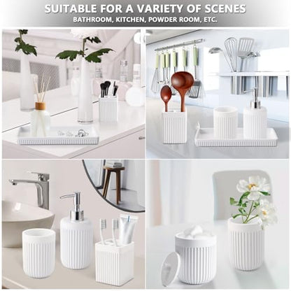 XLHOMO Resin White Bathroom Accessories Set 5 Pcs, Lotion Soap Dispenser, Toothbrush Holder, Bathroom Tumbler, Qtip Holder and Vanity Tray, Bathroom Countertop Organizer Set for Modern Home Apartment