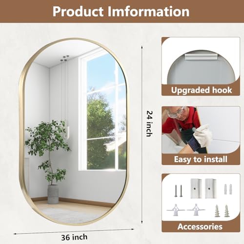 Gold Oval Mirror, 24"x36" Oval Bathroom Mirror, Vanity Mirror with Brushed Metal Frame, Wall Mount Mirrors Decor for Bathroom, Bedroom, Entryway, Living Room(Hangs Horizontally or Vertically)