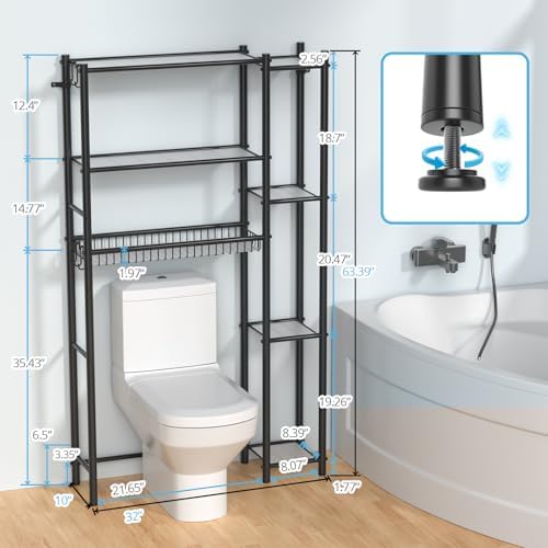 Hodonas Over The Toilet Storage Shelf - Bathroom Organizer Rack with 7-Tier Shelves, Adjustable Metal Shelf Above Toilet for Storage, Freestanding Bathroom Space Saver, Black