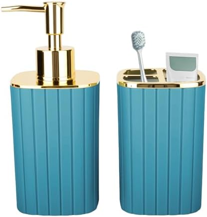 RRM Bathroom Soap Dispenser and Toothbrush Holder Set, Teal Blue